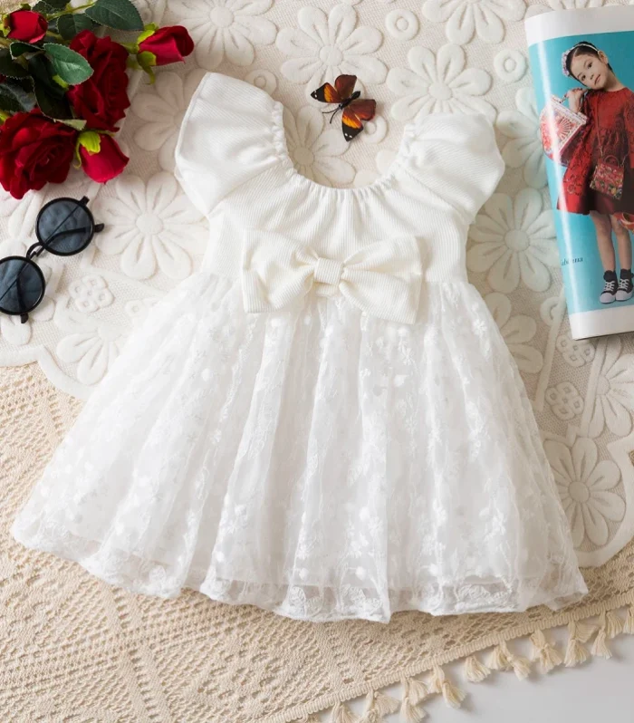 Sweet Bow Baby Girl Princess Dress, Summer New Children'S Clothing Suitable For Babies Aged 9 Months To 3 Years Old - Ash and white