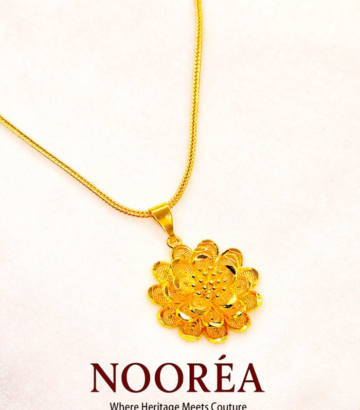 A bold, multi-layered 3D lotus pendant in brilliant gold, hanging from a premium 17-inch snake chain.